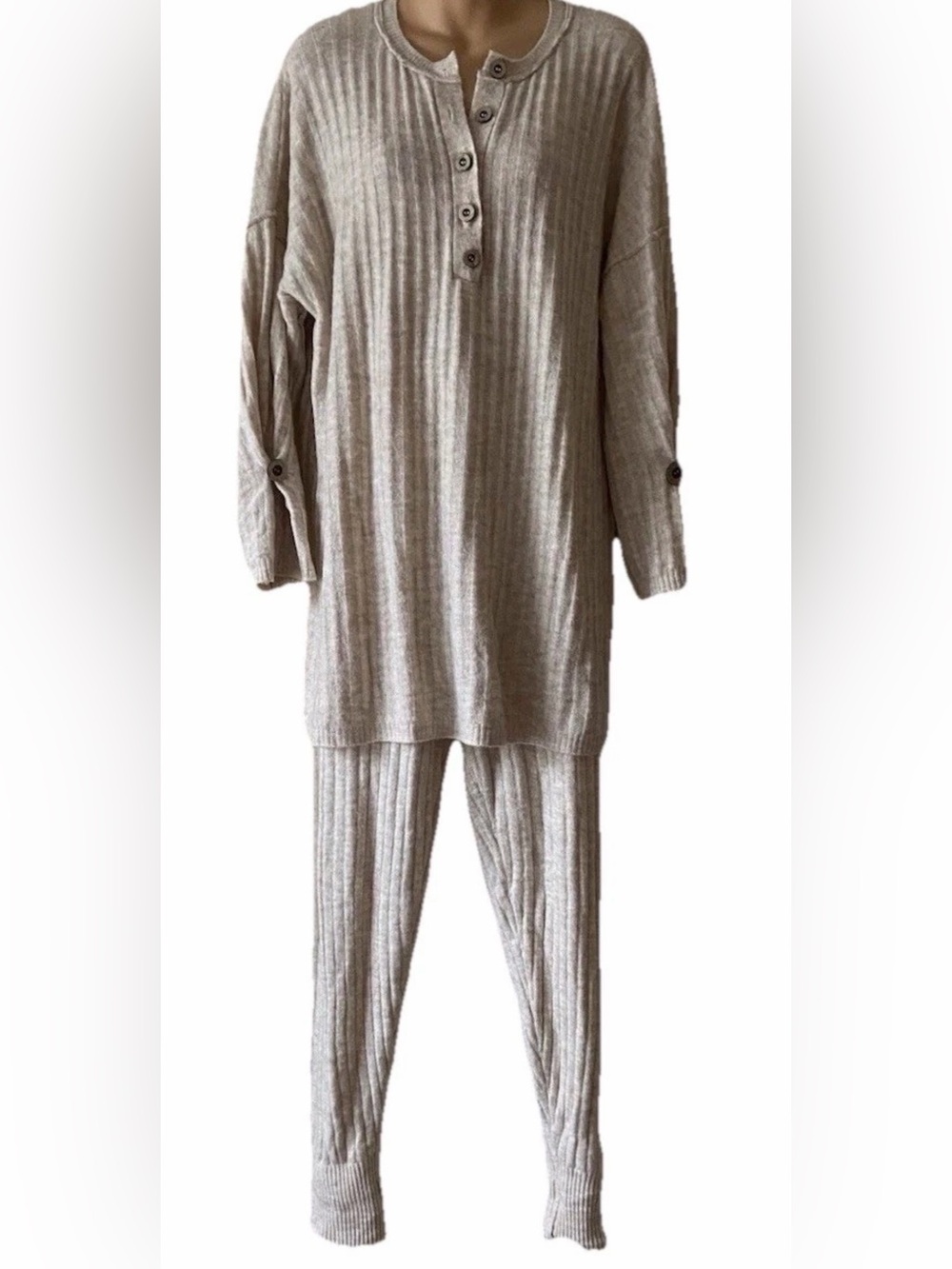 Intimately Free People Around the Clock Knit Henley & Jogger Set Beige
